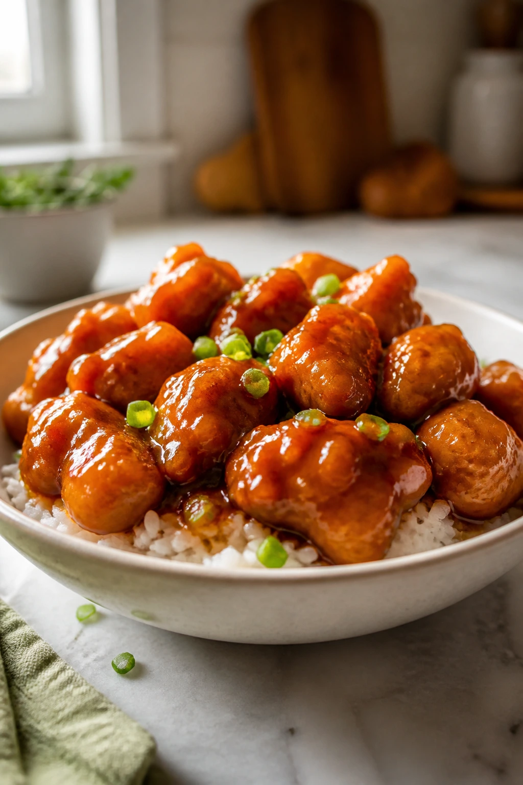 Takeout-style orange chicken in a bowl with rice at home
