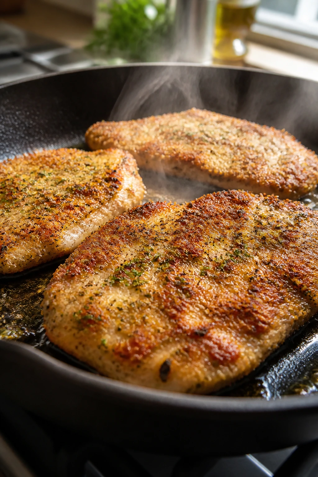 Crispy turkey in a skillet browning on a stove