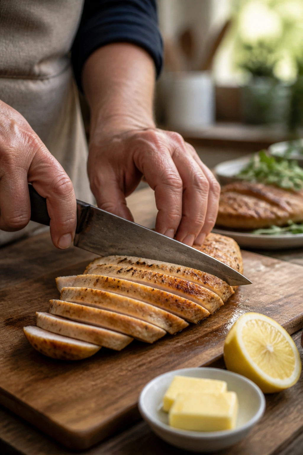 Hands slicing turkey cutlets on a wooden board with butter and lemon nearby