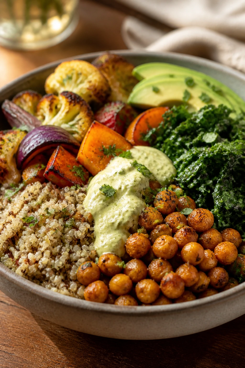 Plate of colorful weeknight vegetarian dish filling the frame