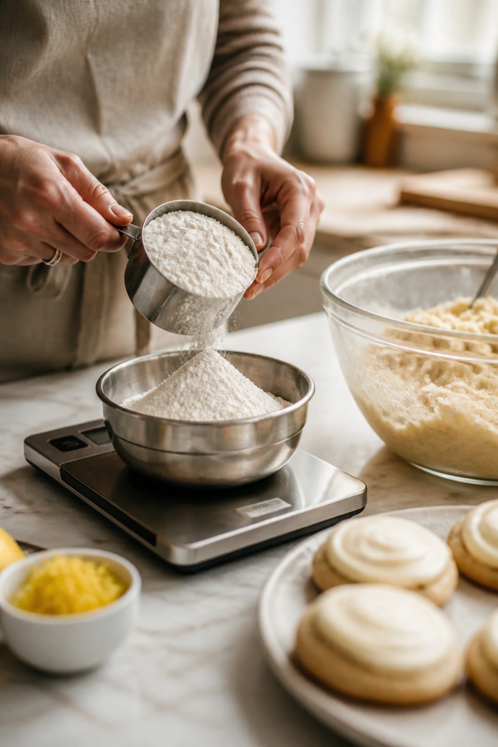 Close-up of hands weighing flour on a scale for cookies in a warm kitchen