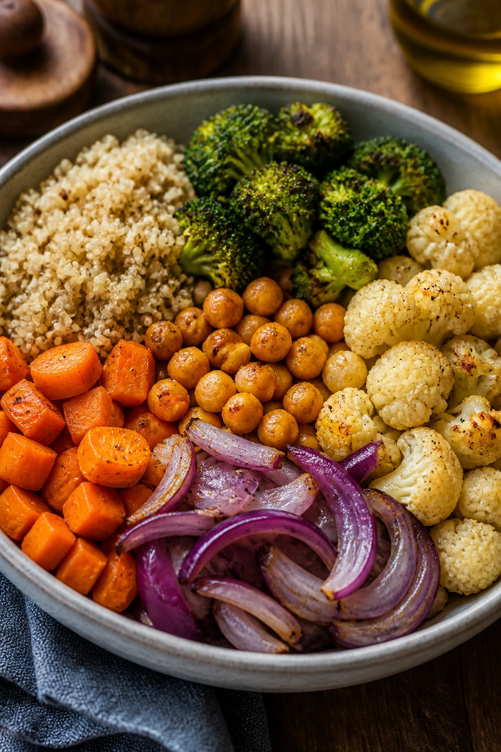 Close-up of a bowl showing quinoa and roasted vegetables arranged to show each ingredient's weight
