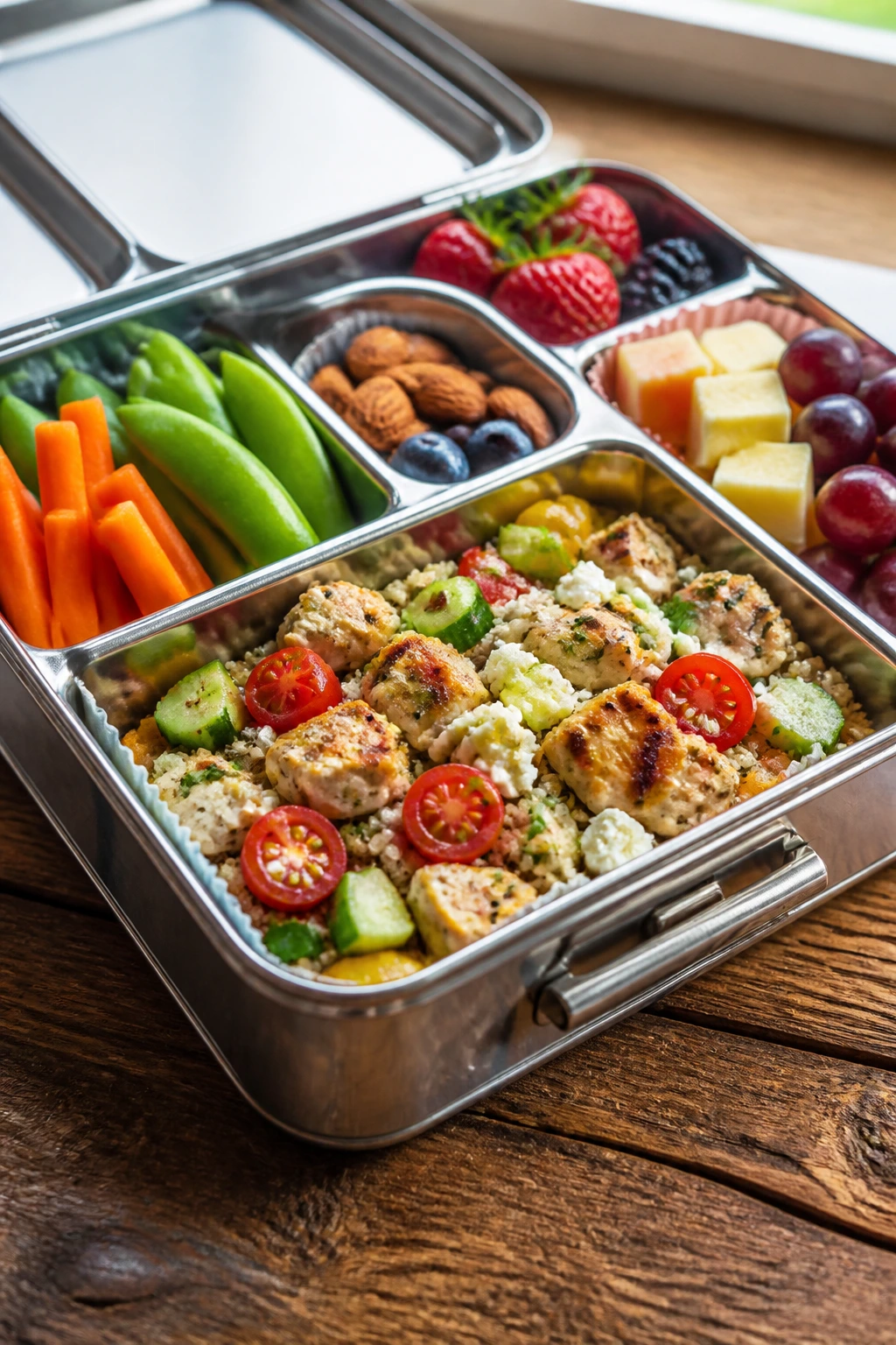 Open lunchbox with colorful, neatly arranged contents on a wooden table
