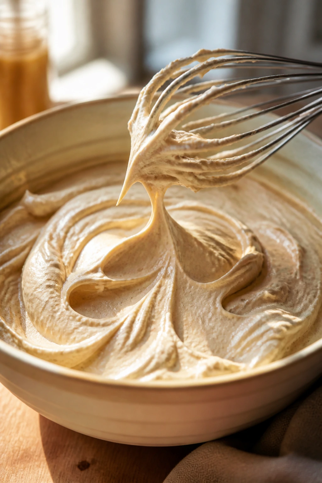 Close-up of mousse in a bowl showing folded texture with a whisk