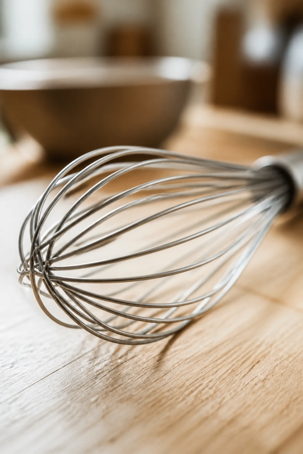 Close-up of a whisk on a wooden surface