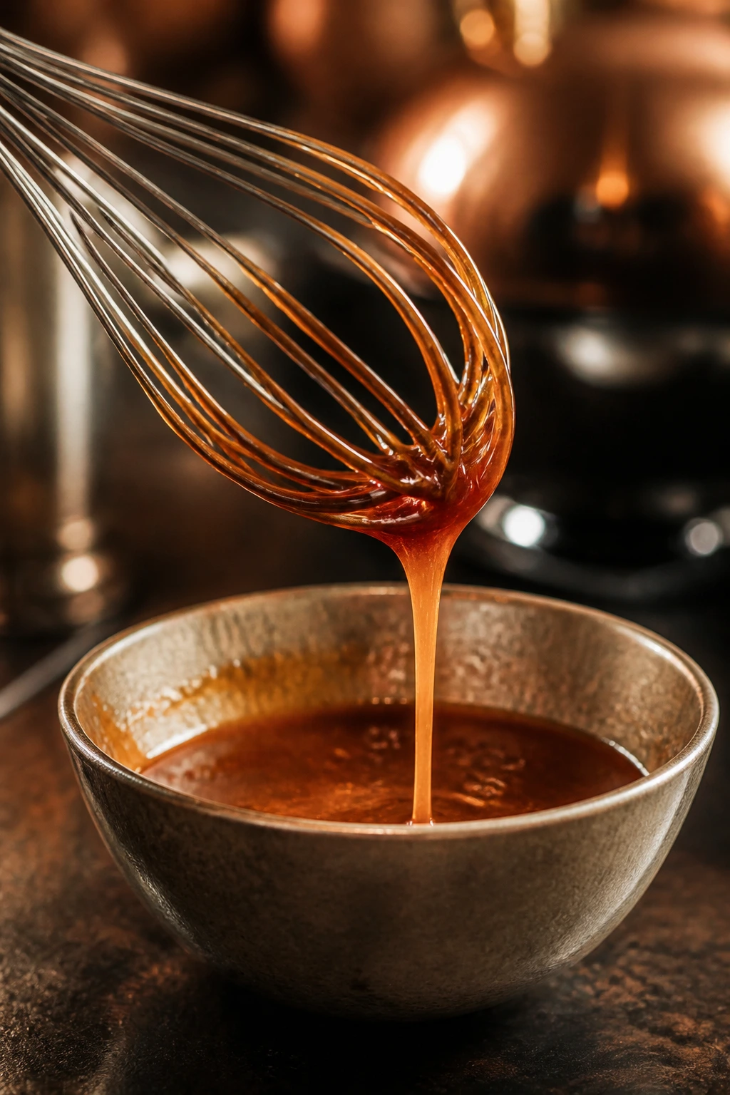 Close-up of a whisk with glossy glaze in a kitchen