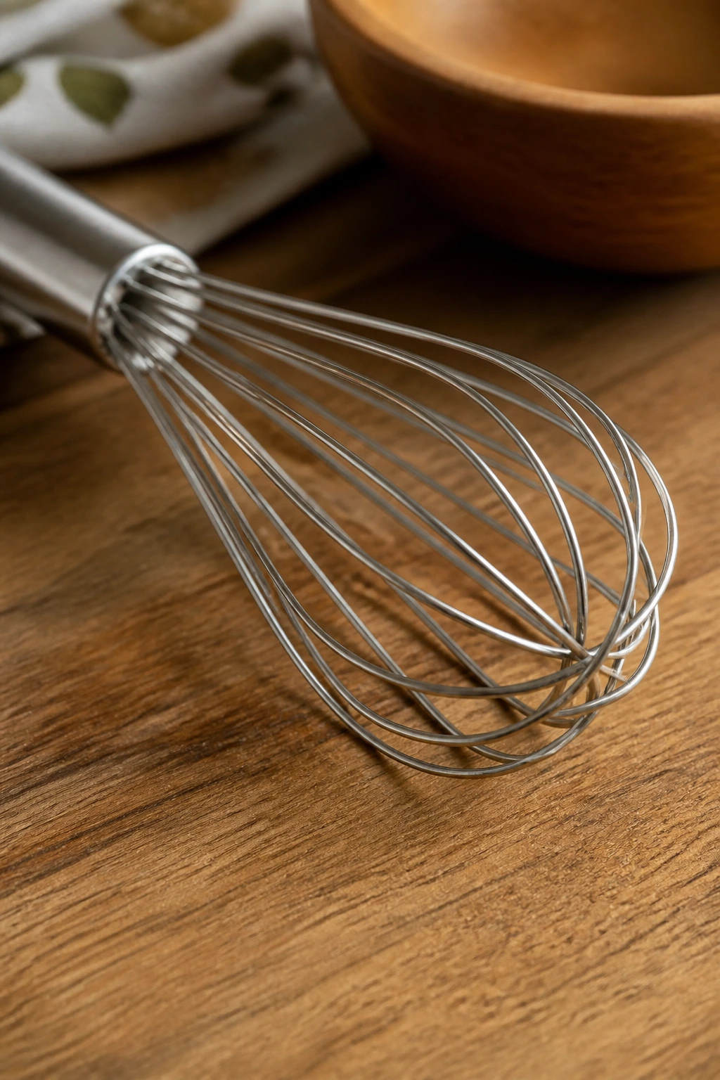 Close-up of a stainless steel whisk on wood counter