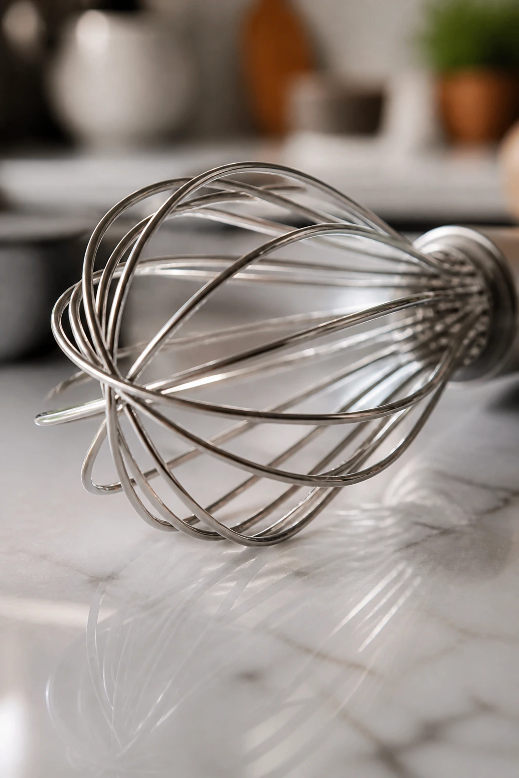 Macro close-up of a stainless steel whisk