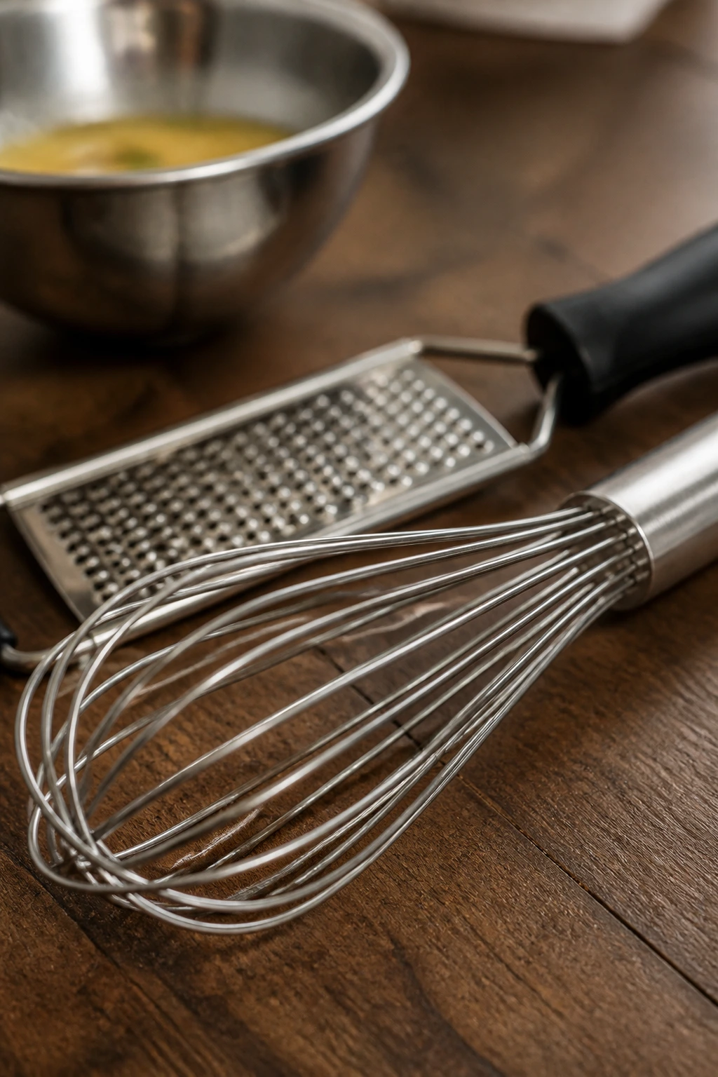 Close-up of whisk on wooden counter with microplane in background