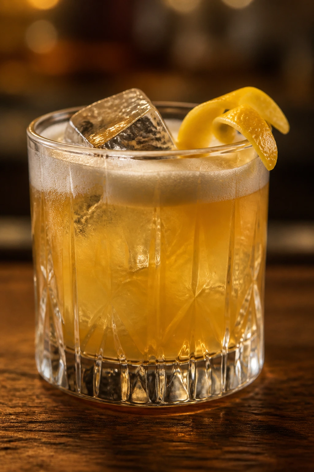 Close-up of Classic Whiskey Sour in an old-fashioned glass with lemon twist