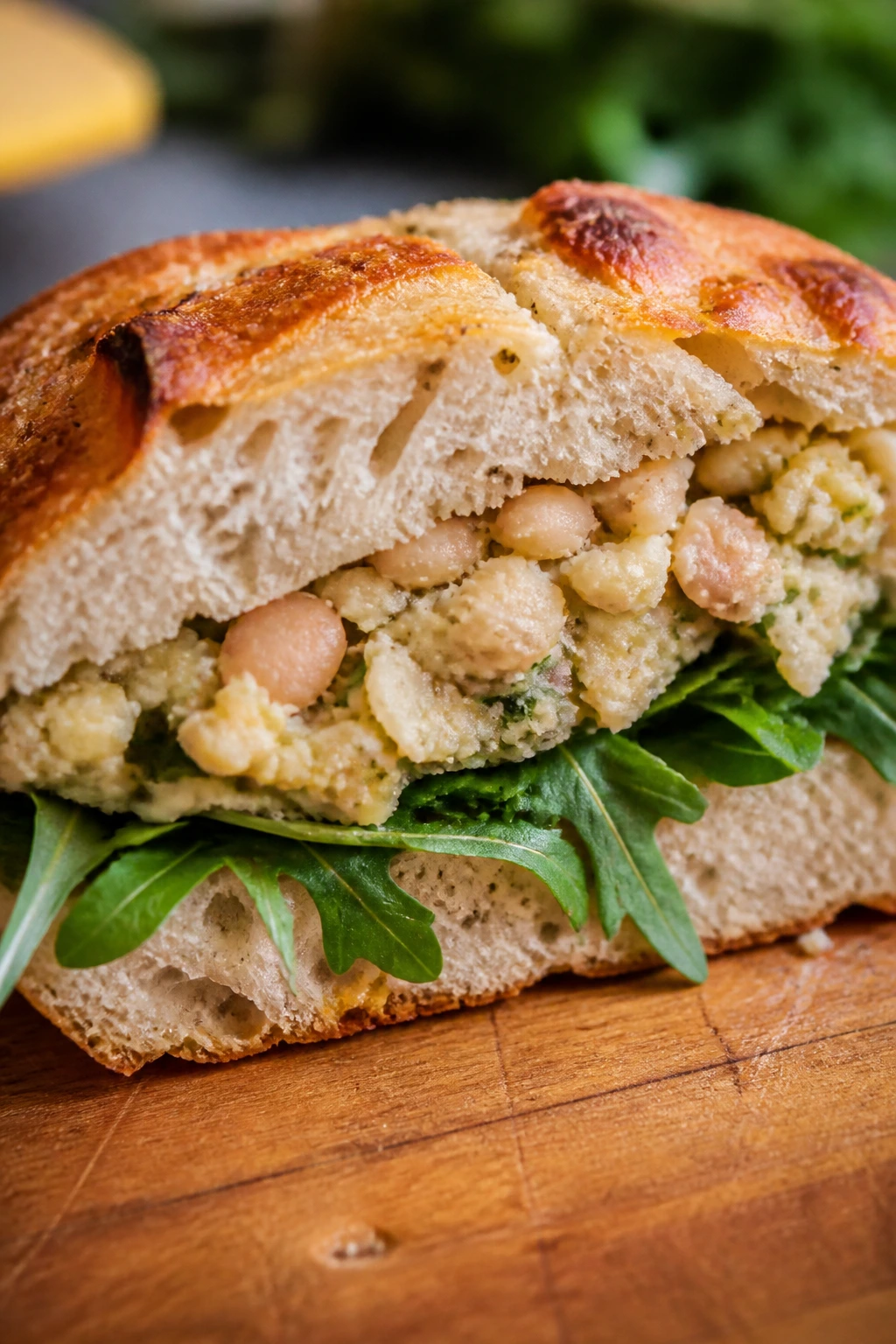 Close-up of white bean artichoke smash on rustic bread with arugula
