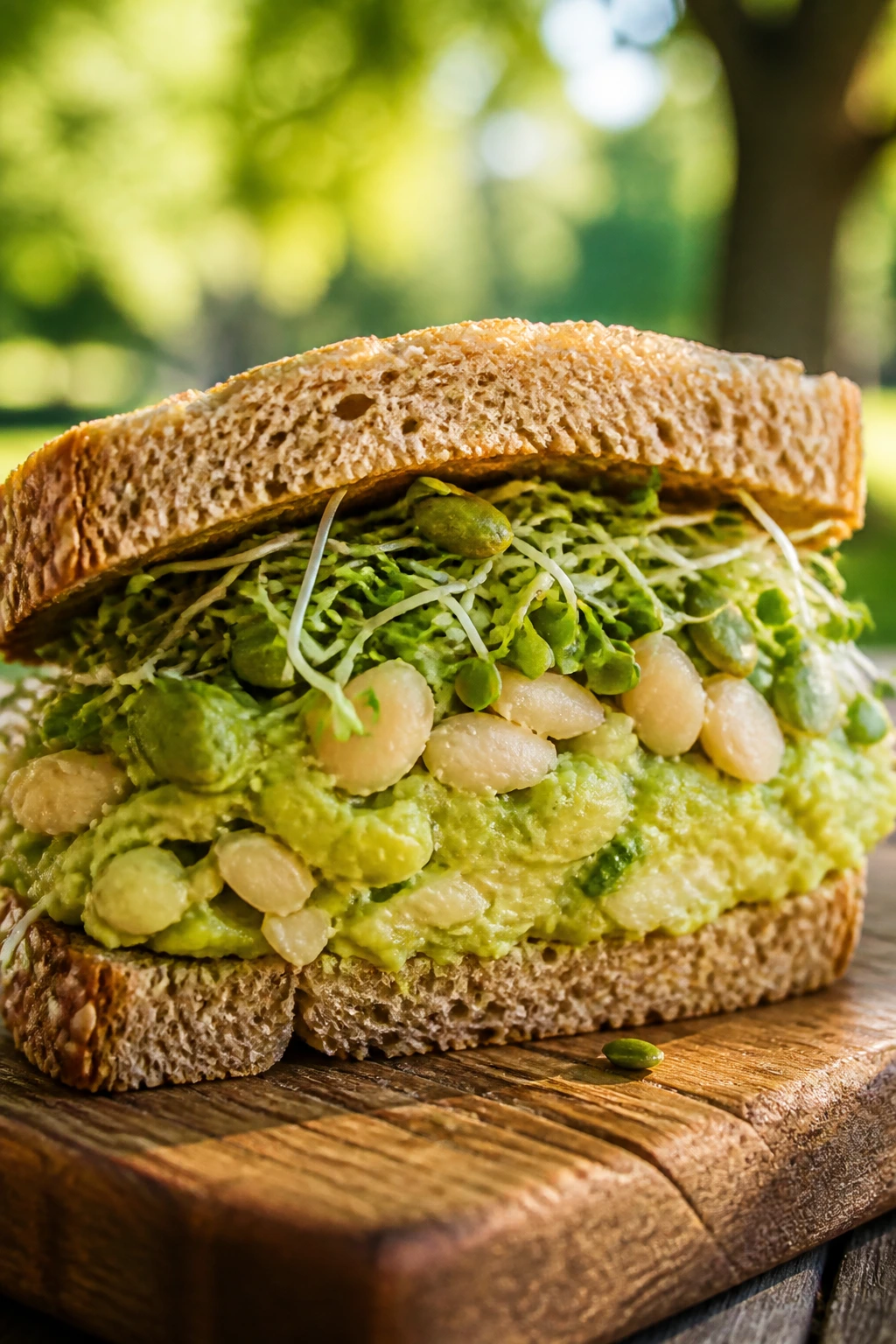 Close-up of a white bean avocado sprout sandwich cross-section on a wooden board outdoors