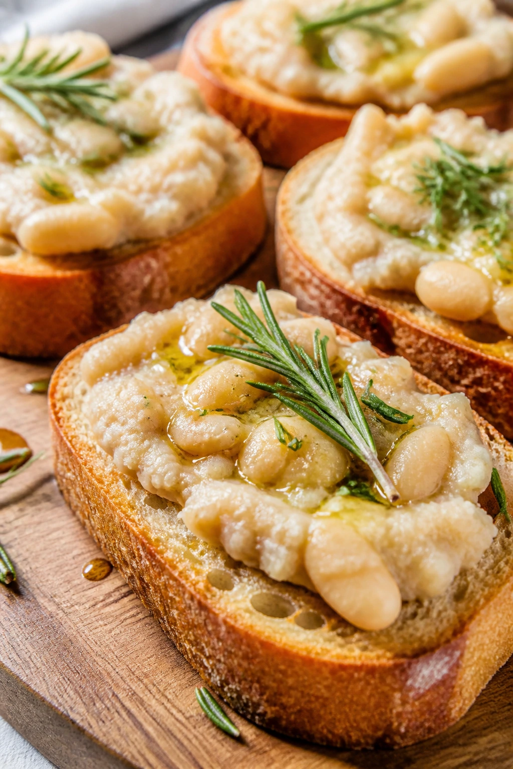 Close-up of white bean and rosemary bruschetta on a wooden board
