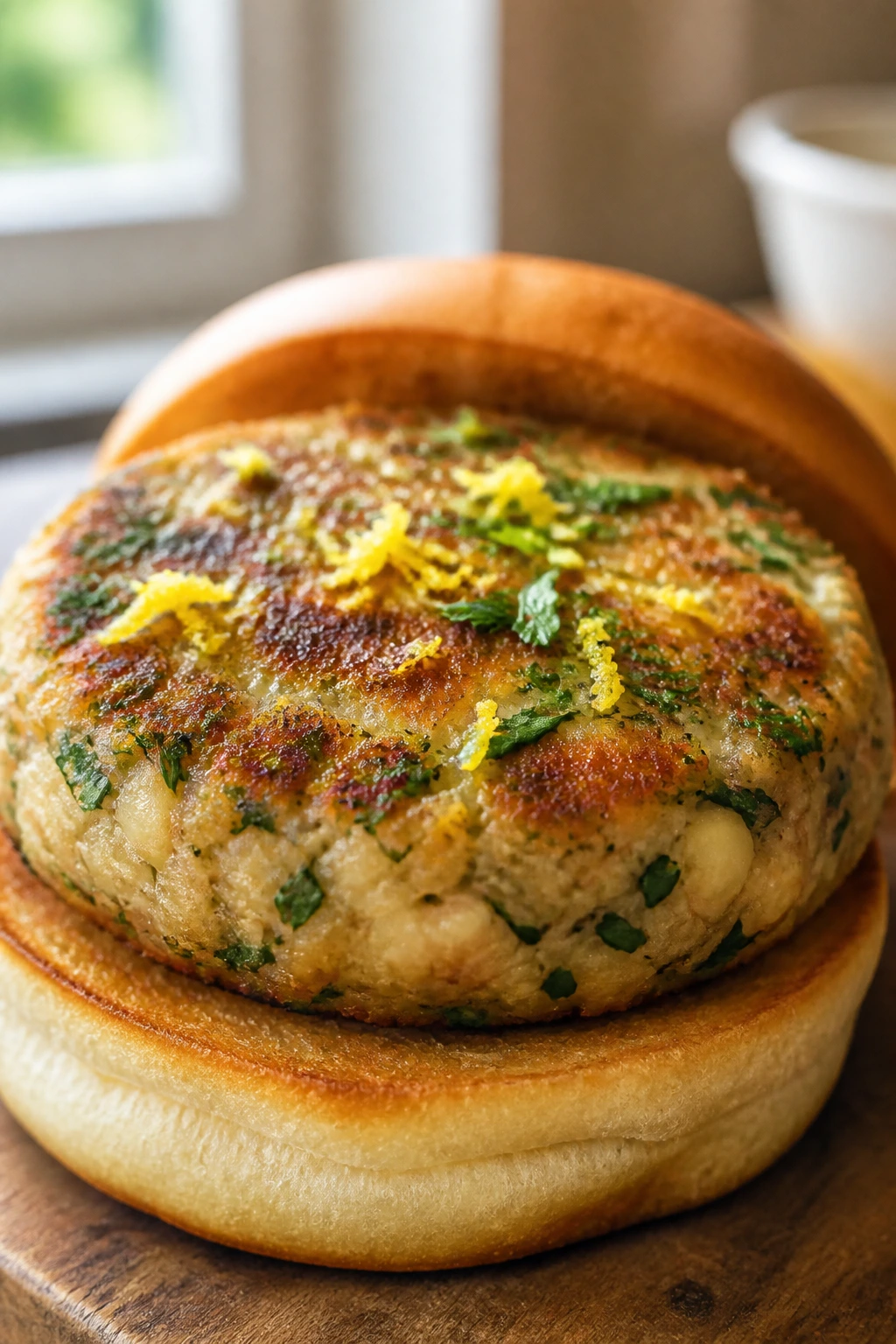 Close-up of White Bean Burger patty with lemon zest on rustic board