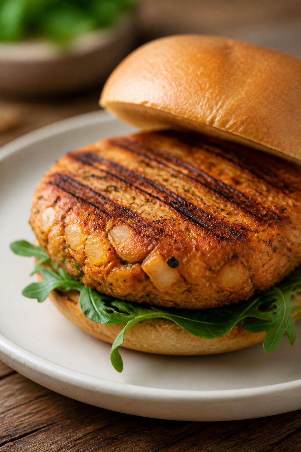 White bean burger patty on bun close-up