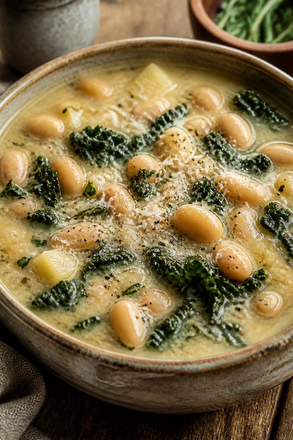Close-up of Tuscan white bean chowder in a rustic bowl with cannellini beans and kale.