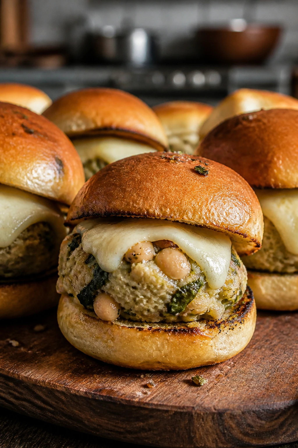 Close-up of white bean and escarole meatball sliders with melted cheese