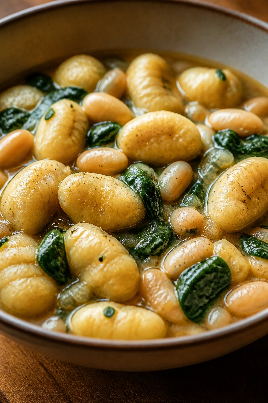 Gnocchi with white beans and spinach in a light broth