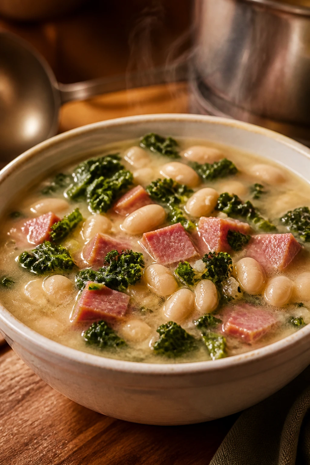 Steaming bowl of white bean ham kale soup with visible beans
