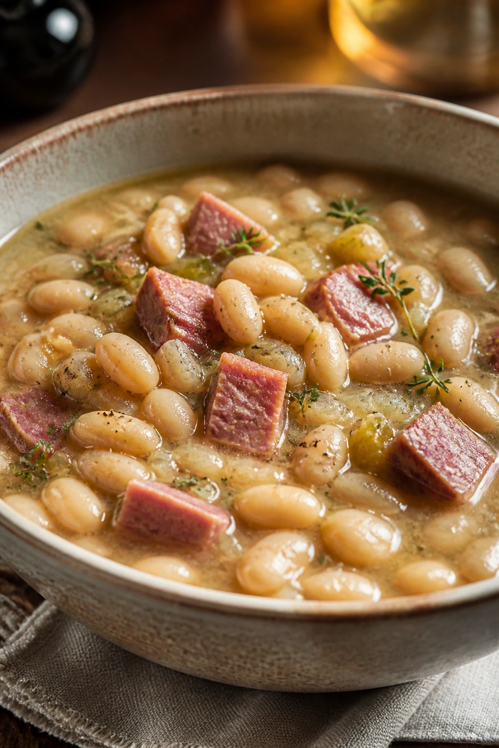 White bean and ham soup in a bowl with cannellini beans and ham