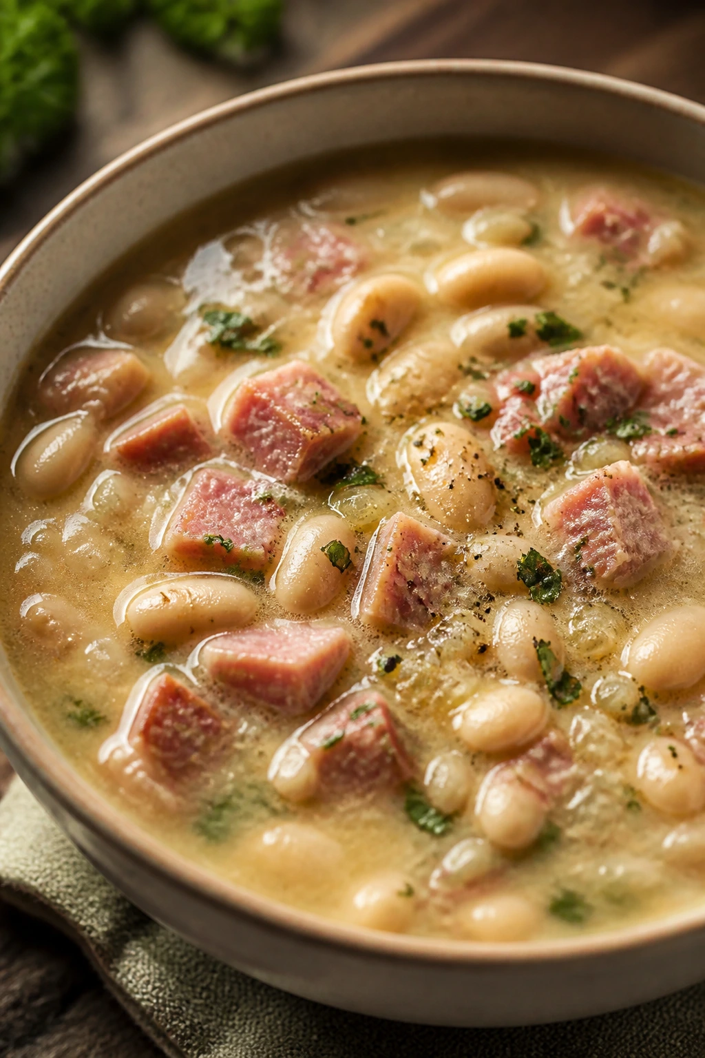 Close-up of white bean and ham soup in a bowl