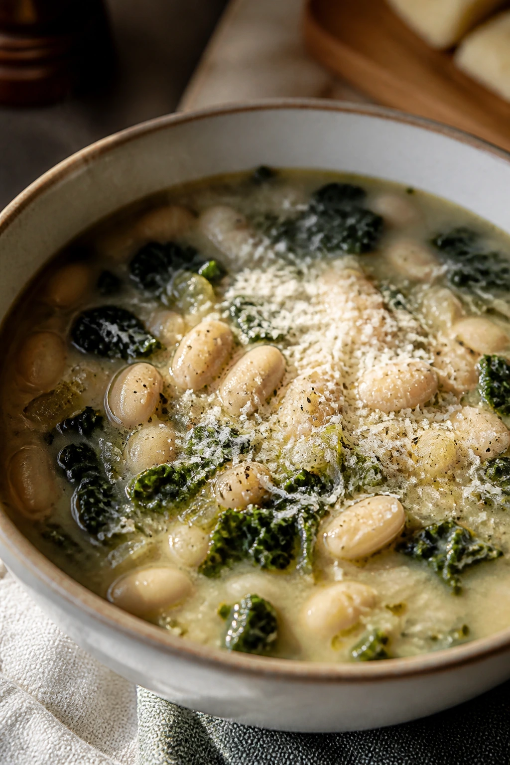 Steaming bowl of white bean and kale soup with Parmesan
