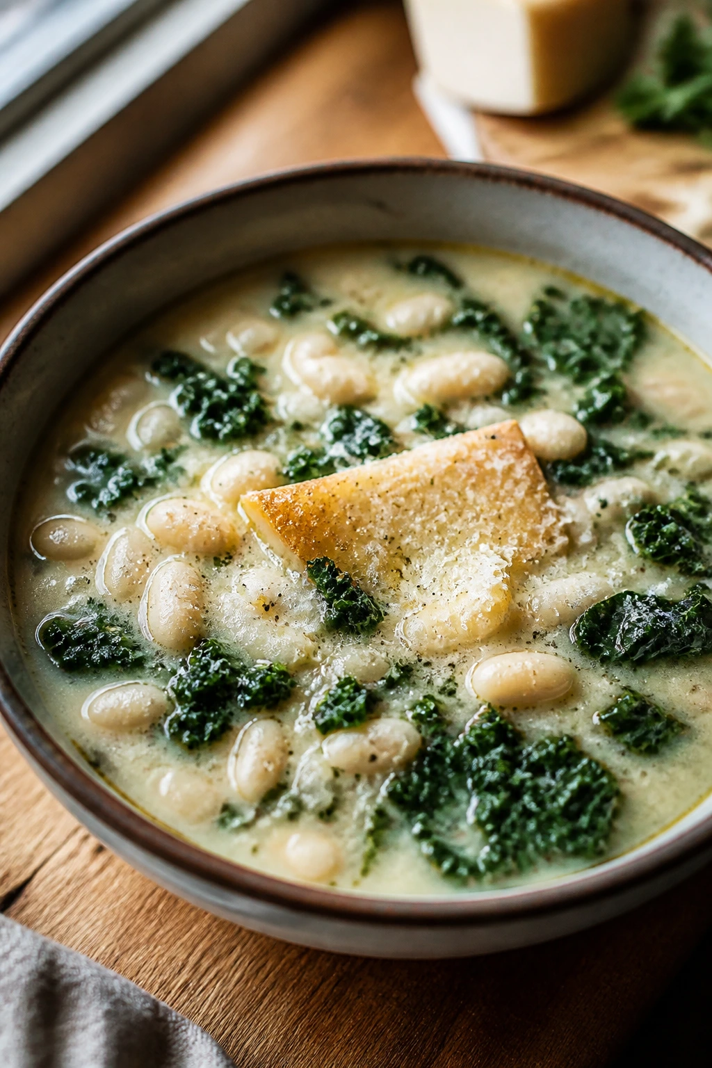 Creamy white bean soup with kale and parmesan rind in a bowl on a wooden surface.