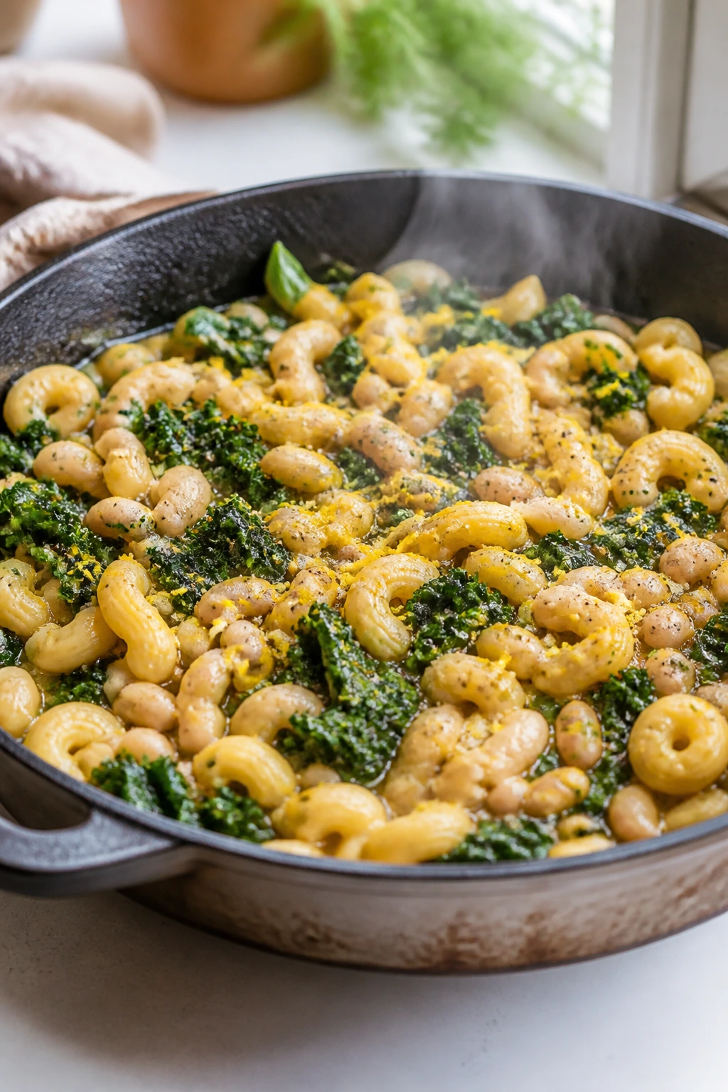 Skillet pasta with white beans and kale, lemon zest on top, steam rising