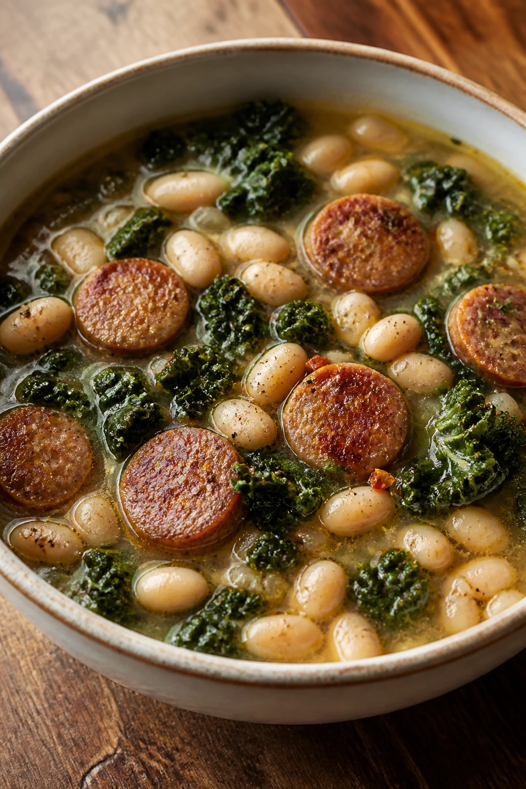White bean kale sausage soup in a bowl with beans, kale, and sausage