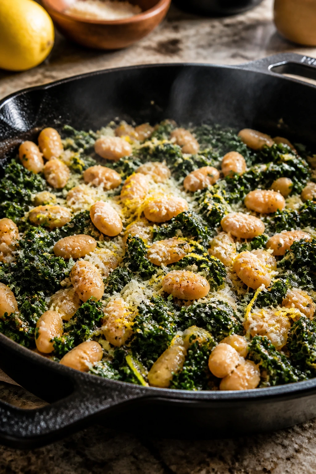 Skillet of white beans and kale with lemon and Parmesan.
