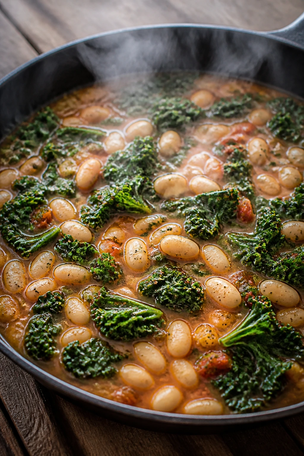 Creamy white bean and kale skillet with tomato broth in a pan