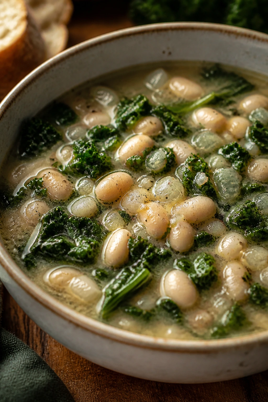 Close-up of white bean and kale soup in a bowl