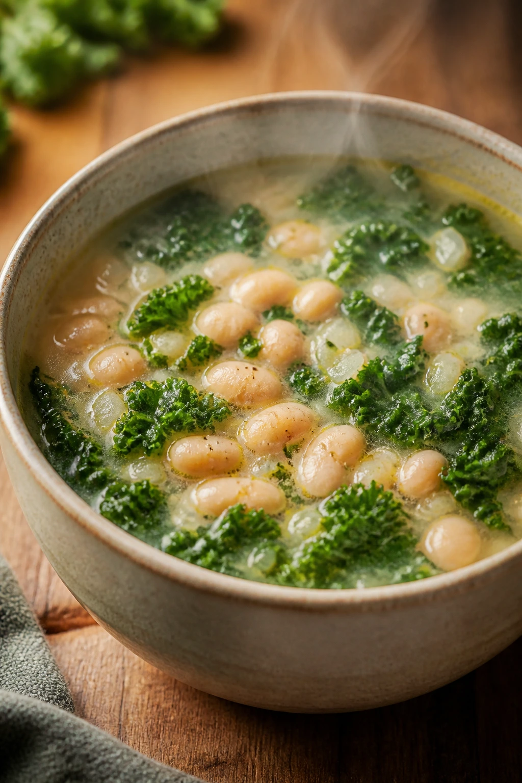 Steaming bowl of white bean kale soup
