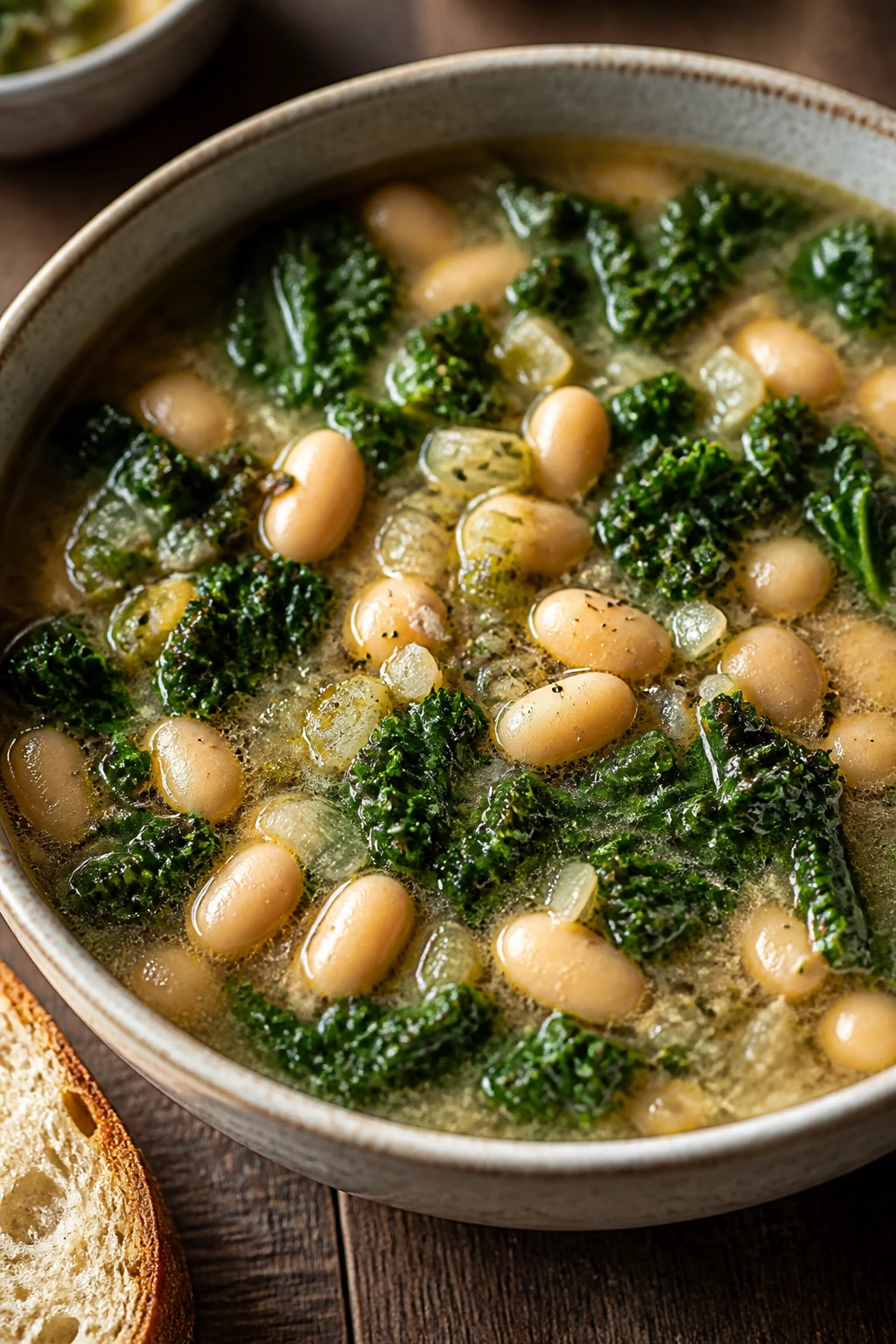 Steaming white bean kale soup in a bowl on a wooden table