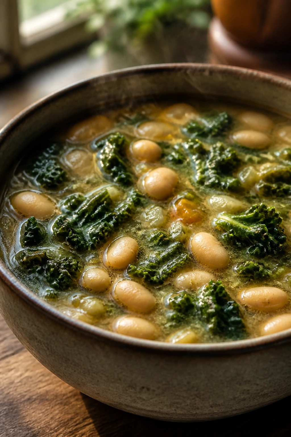 Steaming white bean and kale soup in a rustic bowl