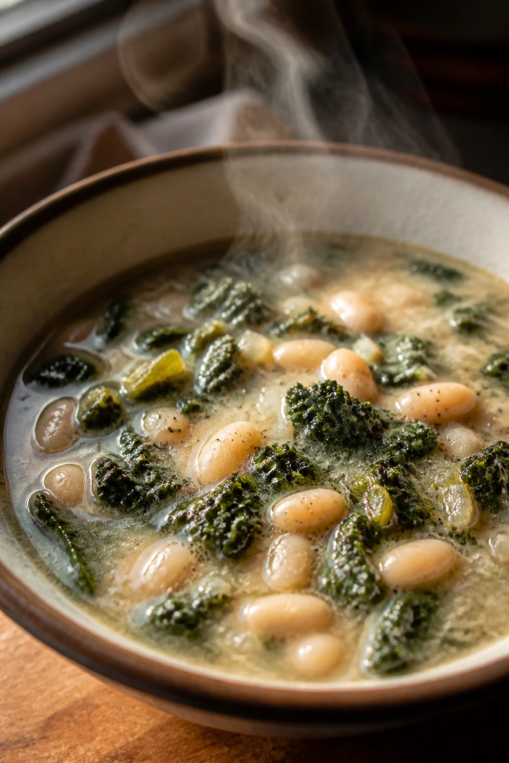 Close-up of White Bean and Kale Soup in a bowl with cannellini beans and kale
