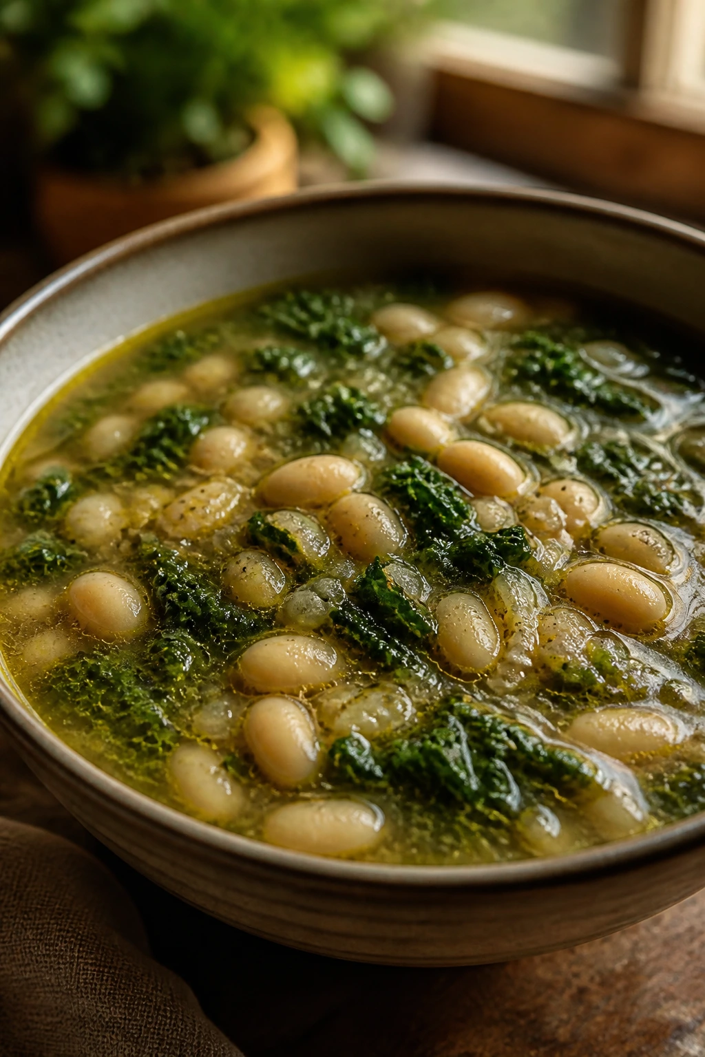 White bean and kale soup in a deep bowl on a warm kitchen table