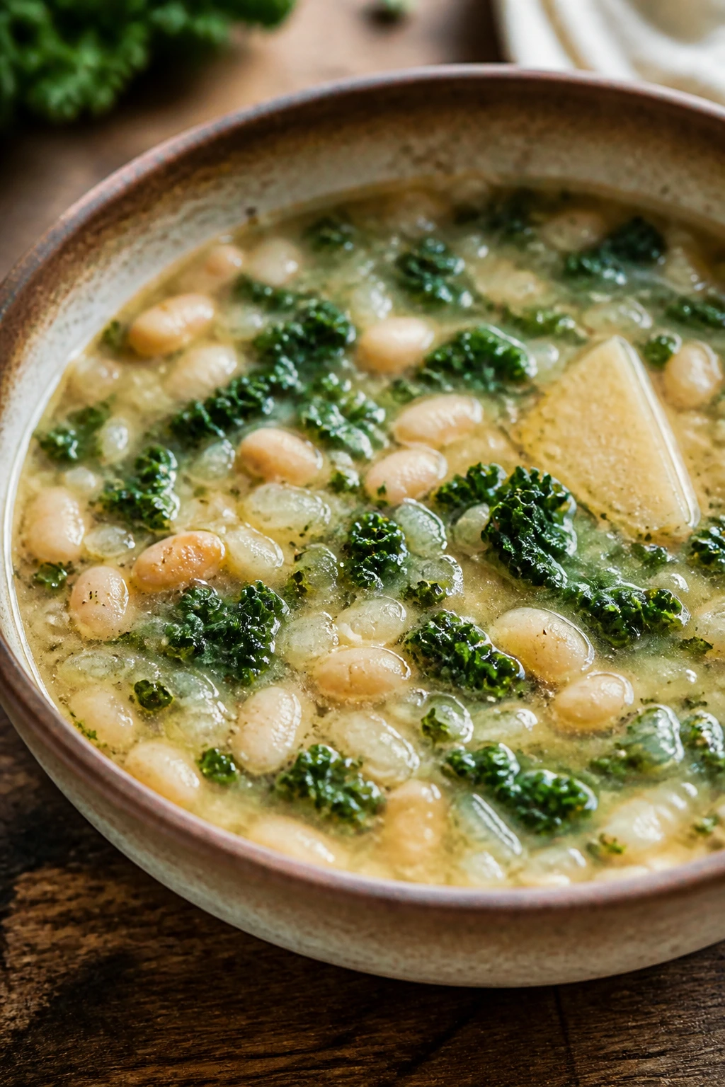Close-up White Bean and Kale Soup with kale and parmesan rind