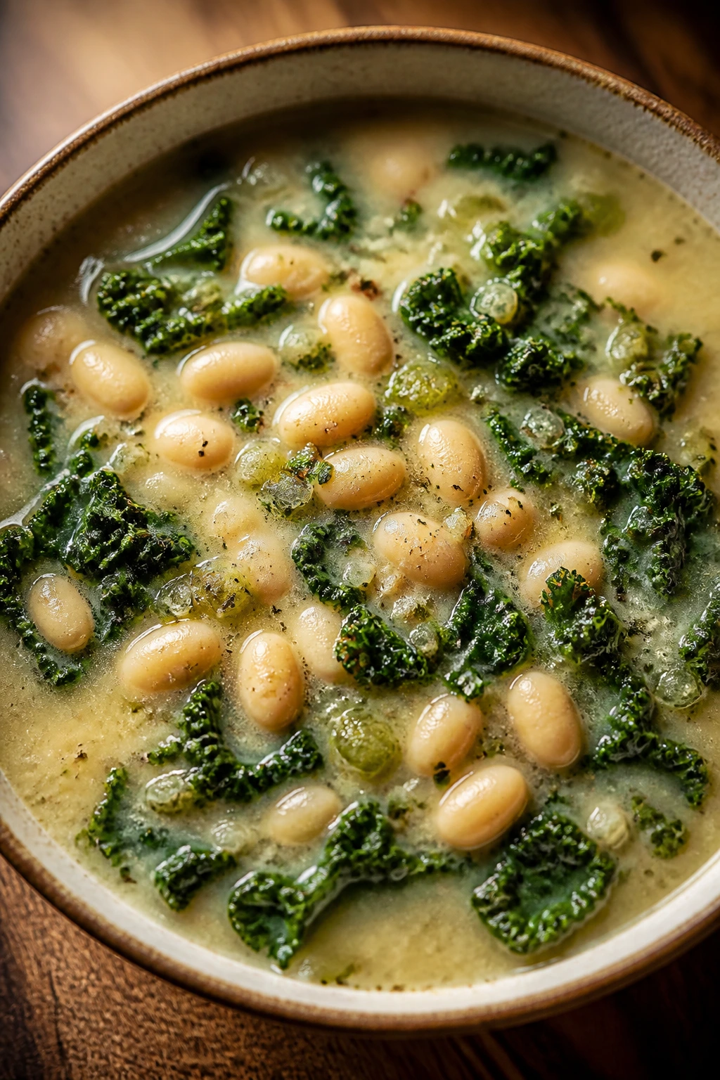 Steaming bowl of white bean and kale soup