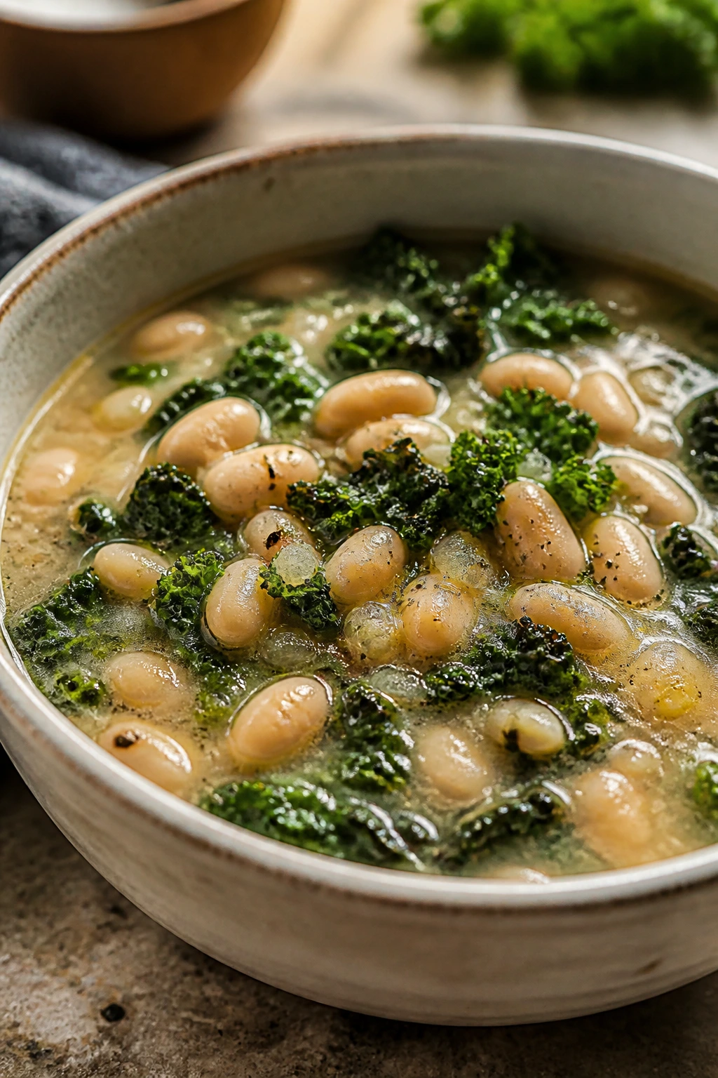Steaming bowl of white bean and kale soup in a cozy kitchen