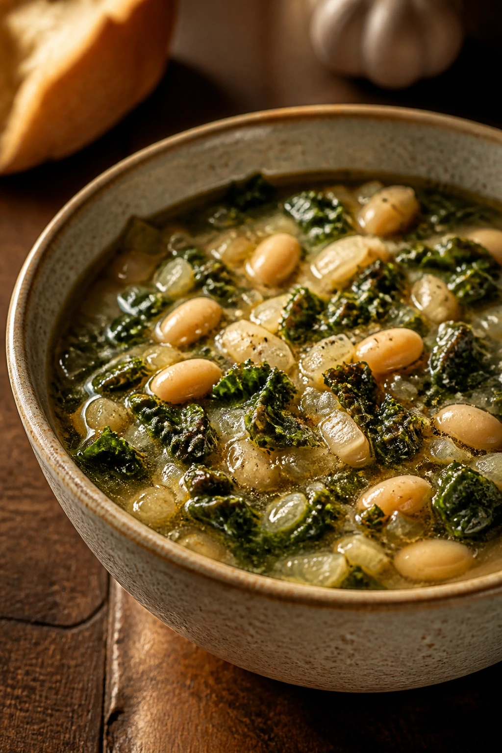 Close-up of white bean and kale soup with cannellini beans and kale