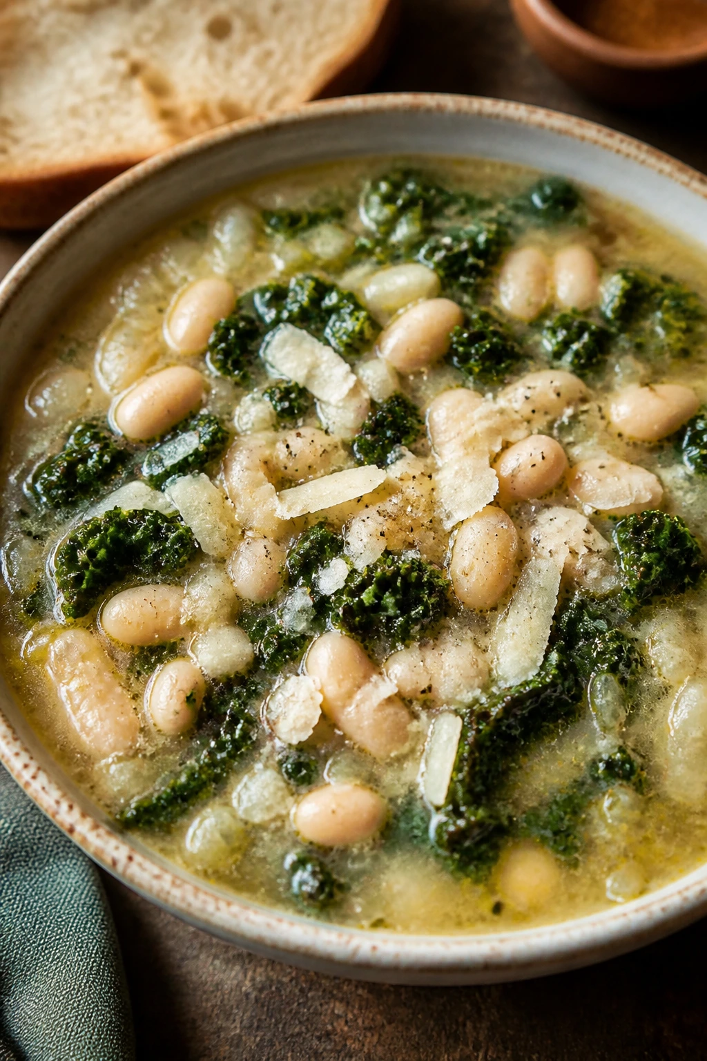 White bean and kale soup in a bowl with kale ribbons