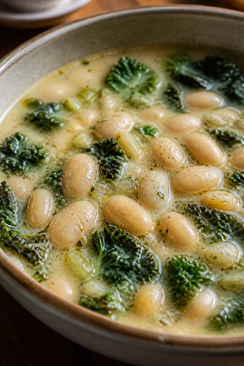 Creamy white bean and kale soup in a bowl with kale and beans visible
