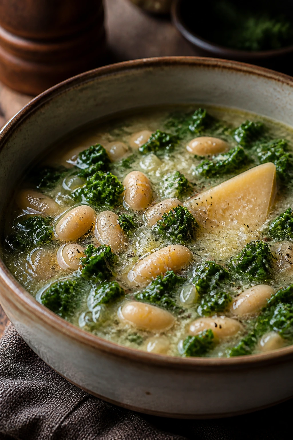 Close-up of White Bean Kale Soup with cannellini beans and kale in a creamy broth