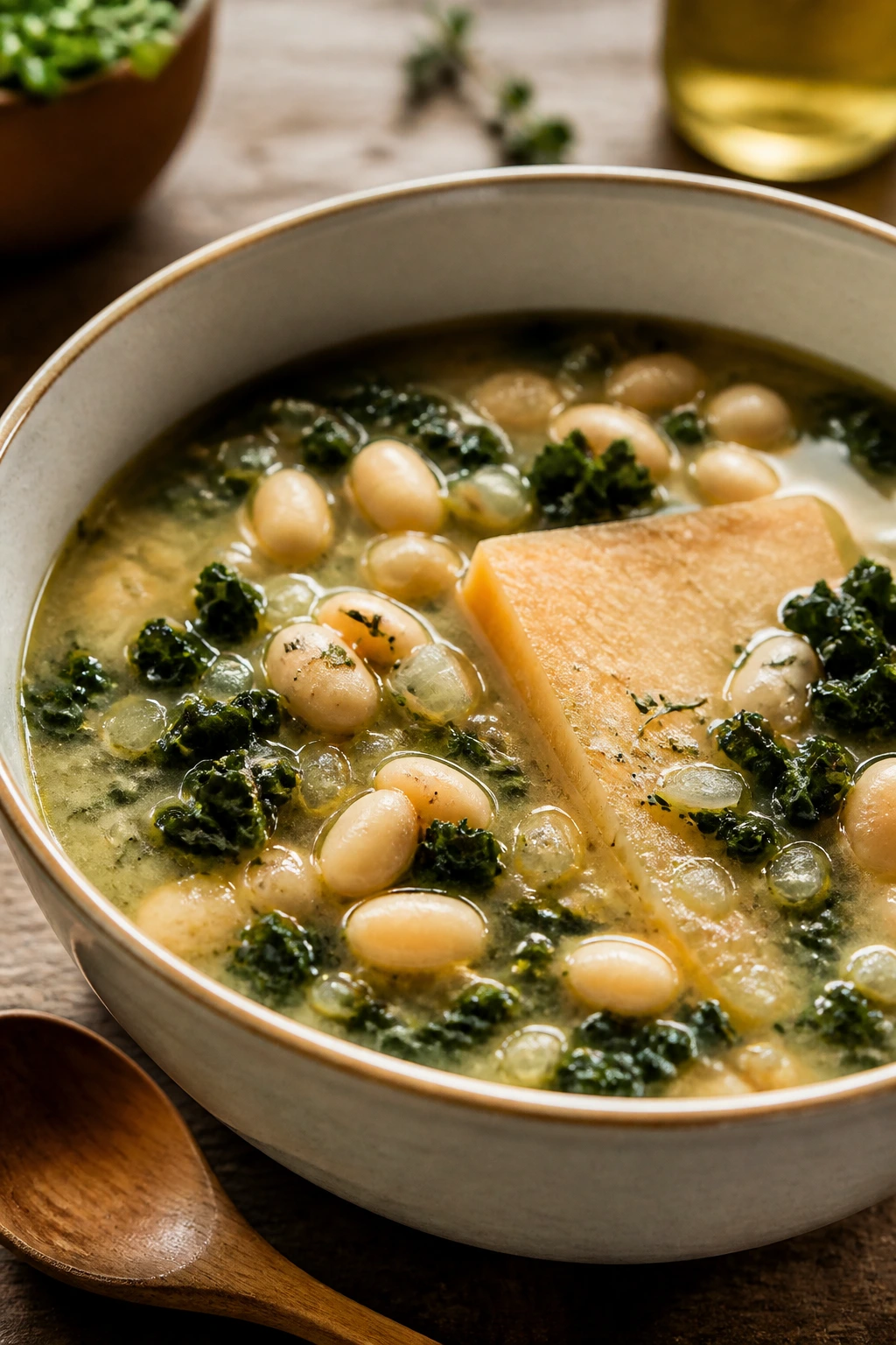 Steaming bowl of white bean and kale soup with beans and kale