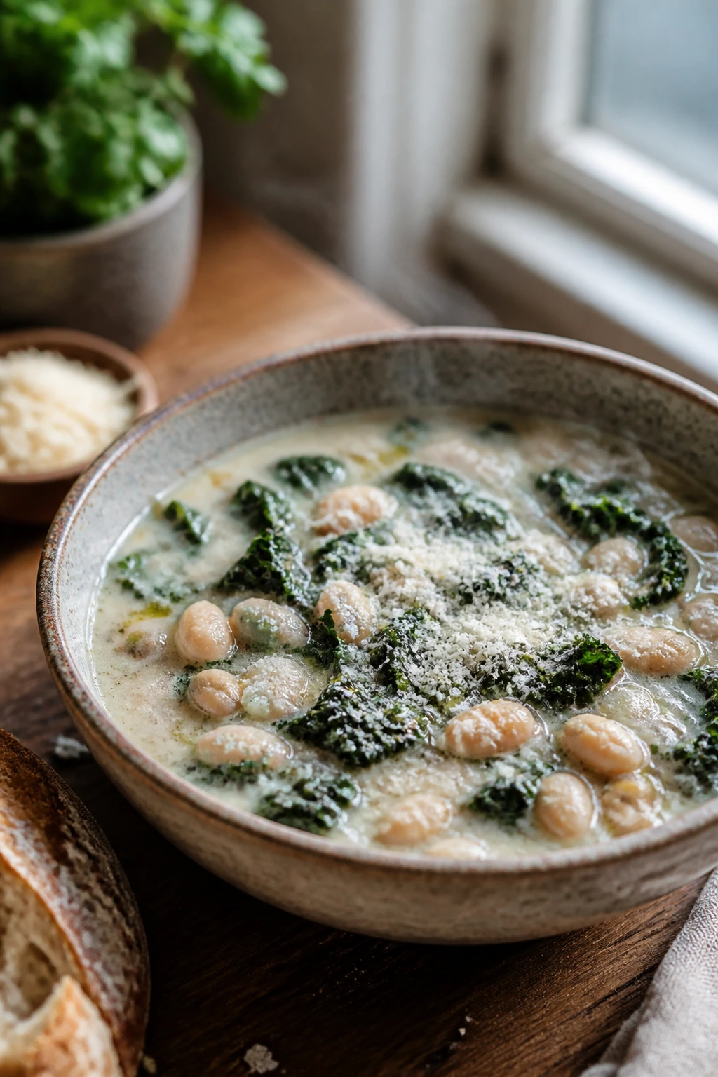 Creamy white bean and kale soup with Parmesan garnish