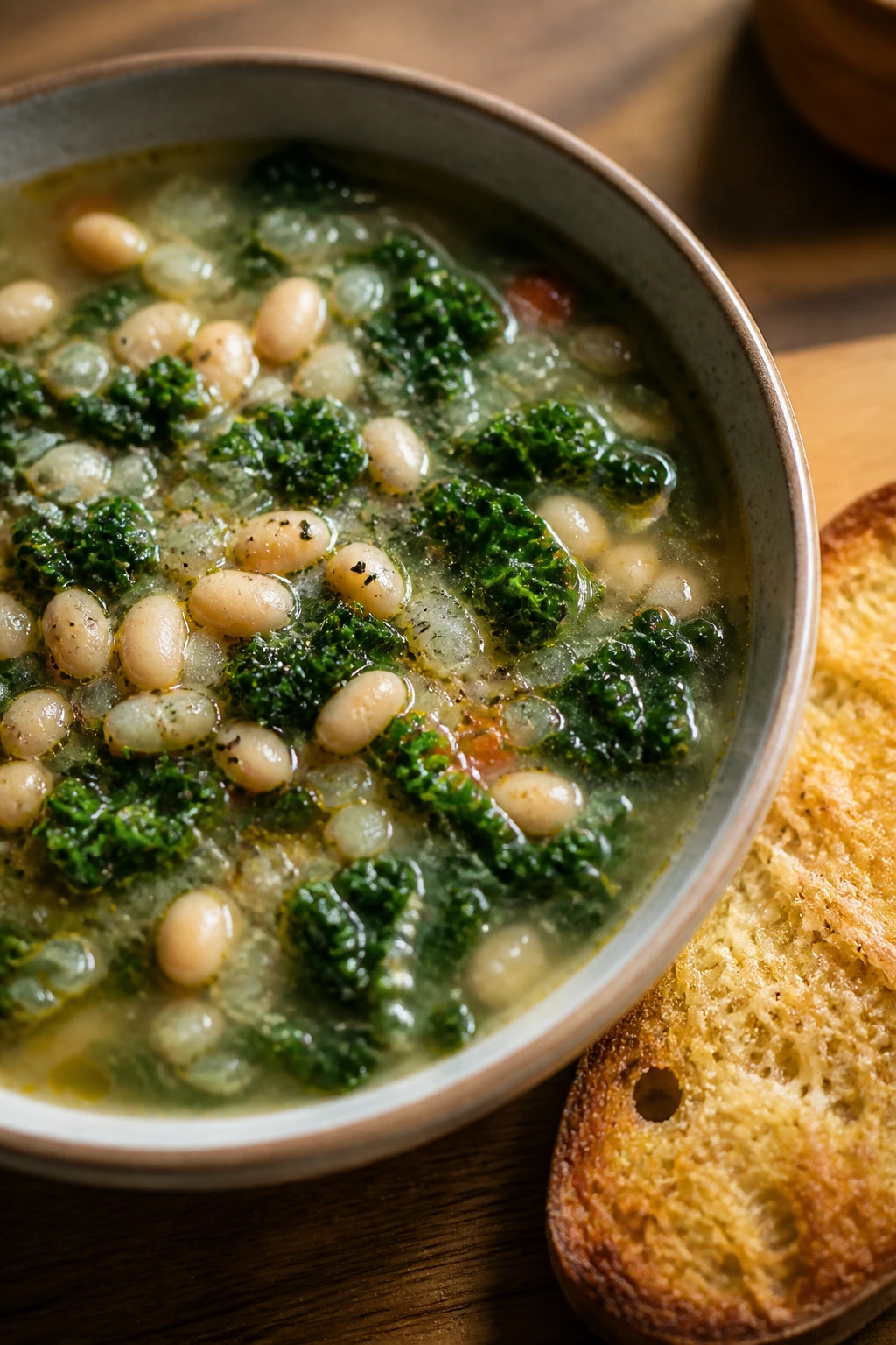 Creamy white bean and kale soup with parmesan toast on side