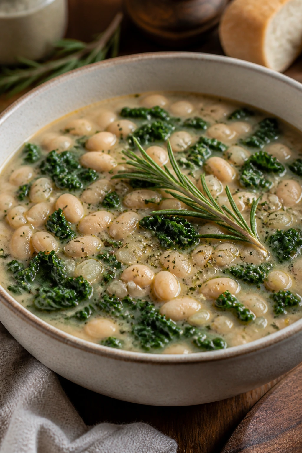 Steaming bowl of white bean kale soup with rosemary garnish