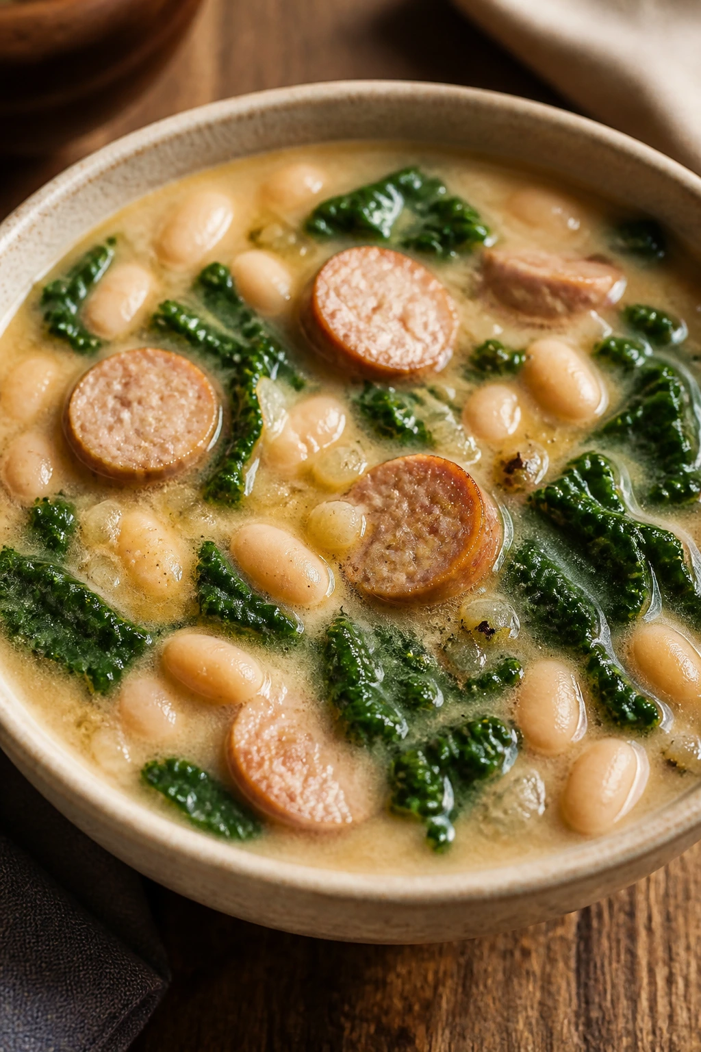 Close-up of white bean and kale soup with turkey sausage