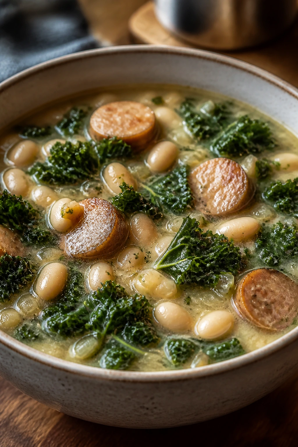 Steaming bowl of white bean and kale soup with sausage